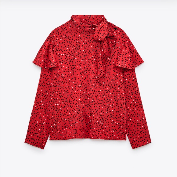 Zara red satin heart patterned tiered pussybow blouse - Picture 5 of 14